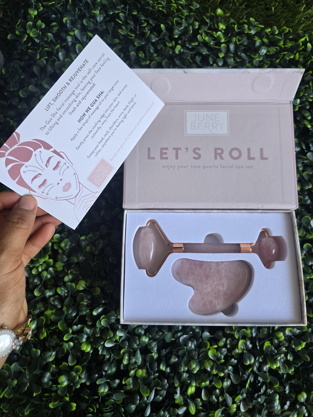 Necessary Objects Rose Quartz Facial Roller & Gua Sha Set - Pink and Rose Gold